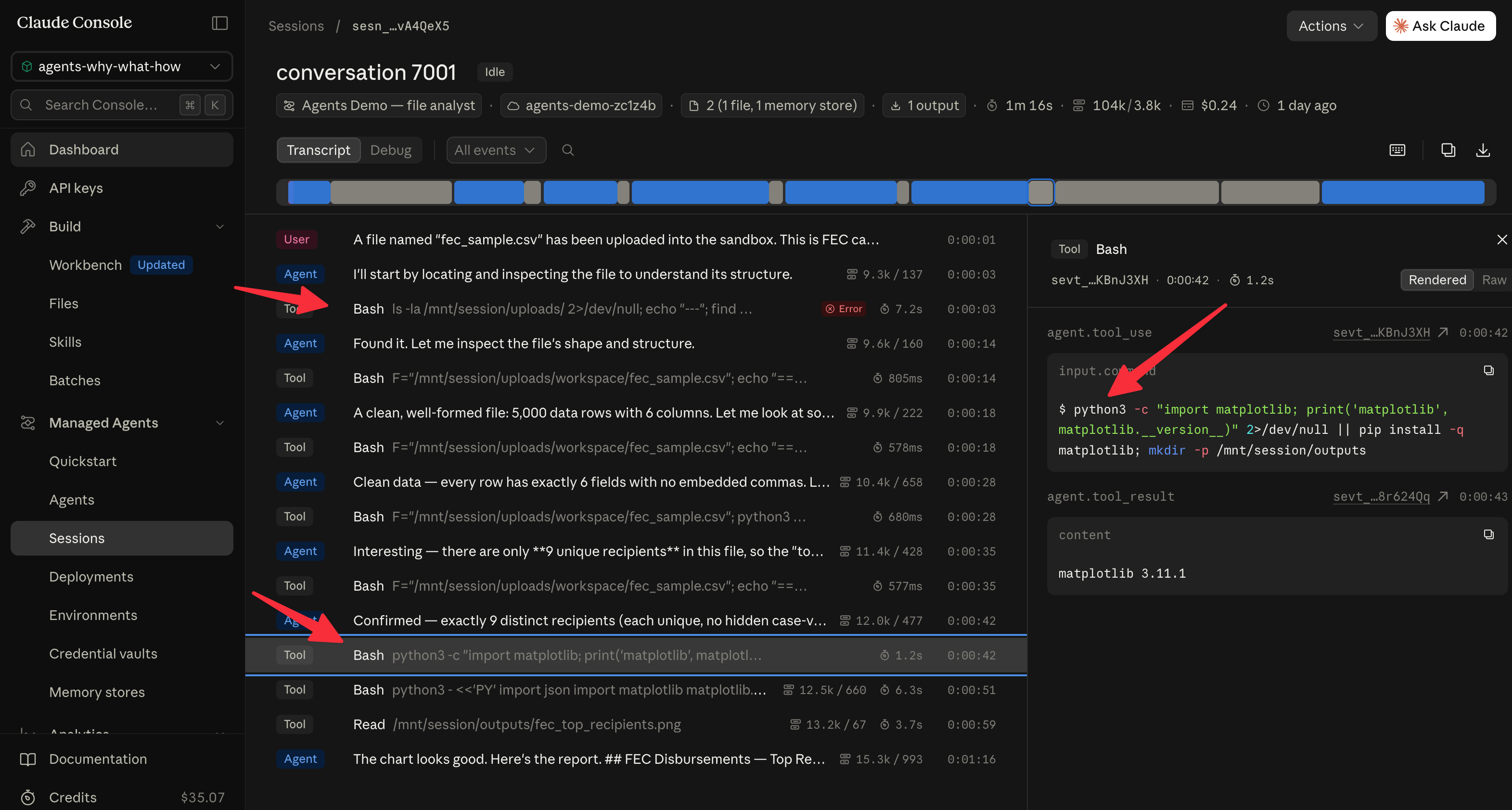 Bash using find, echo, and /dev/null to locate the uploaded file, then reading the header and the row count