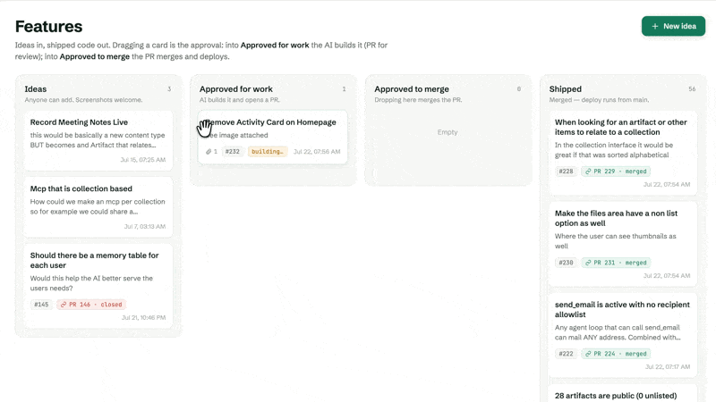 The feature request board in SupaNet, dragging a card into the Approved column