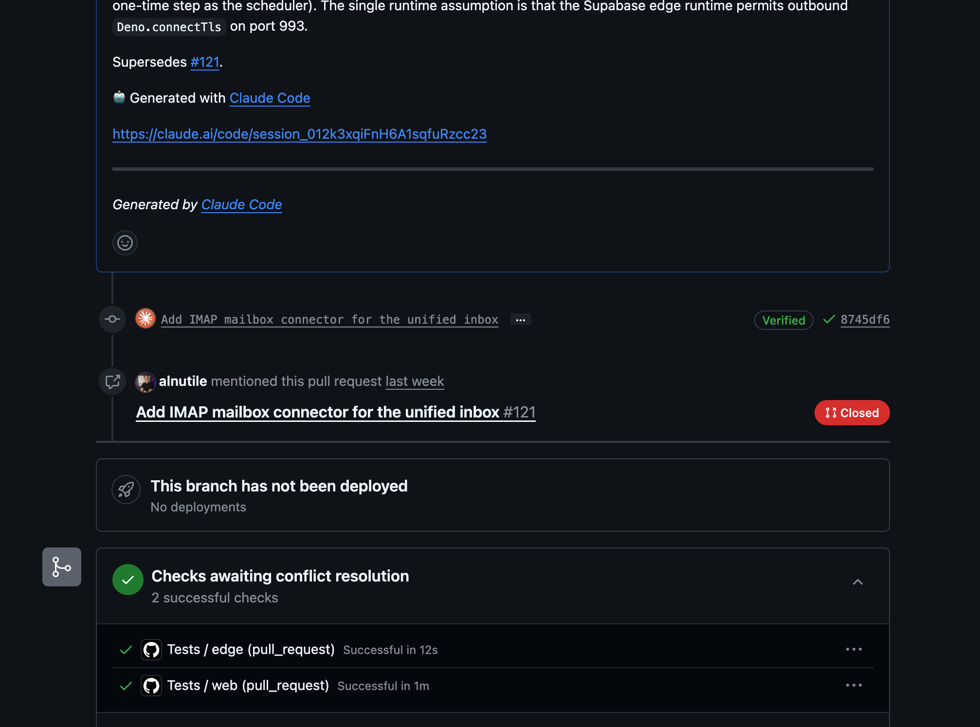 The pull request Claude opened, showing the changed files and green checks