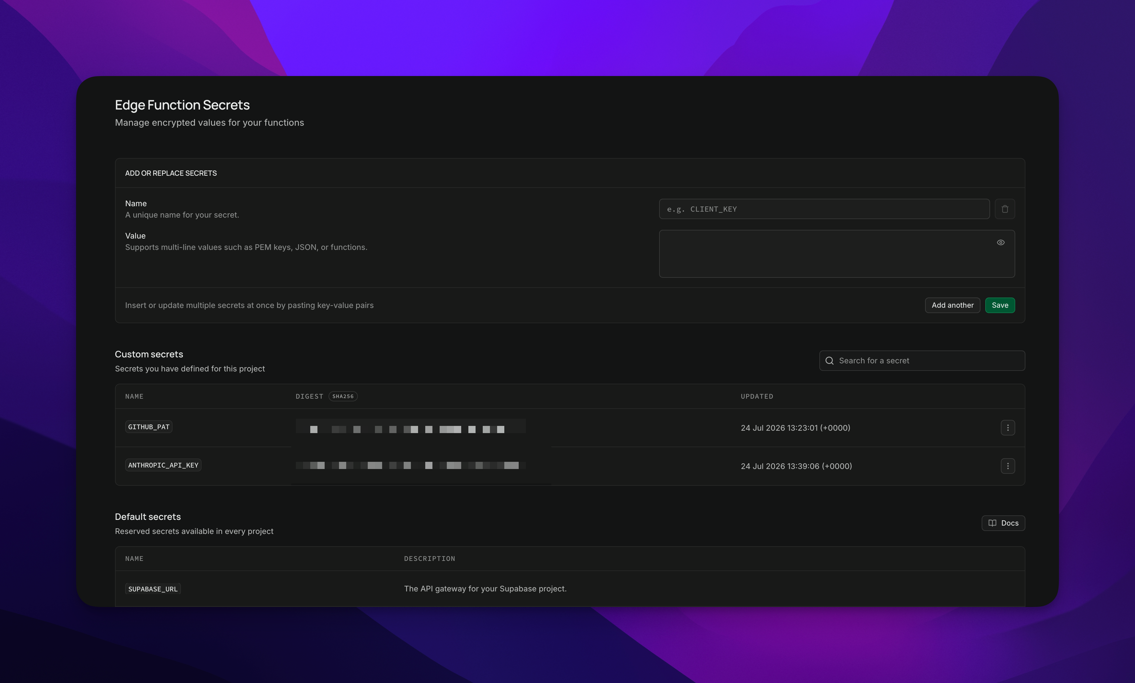The Supabase dashboard showing the edge functions list and the secrets vault