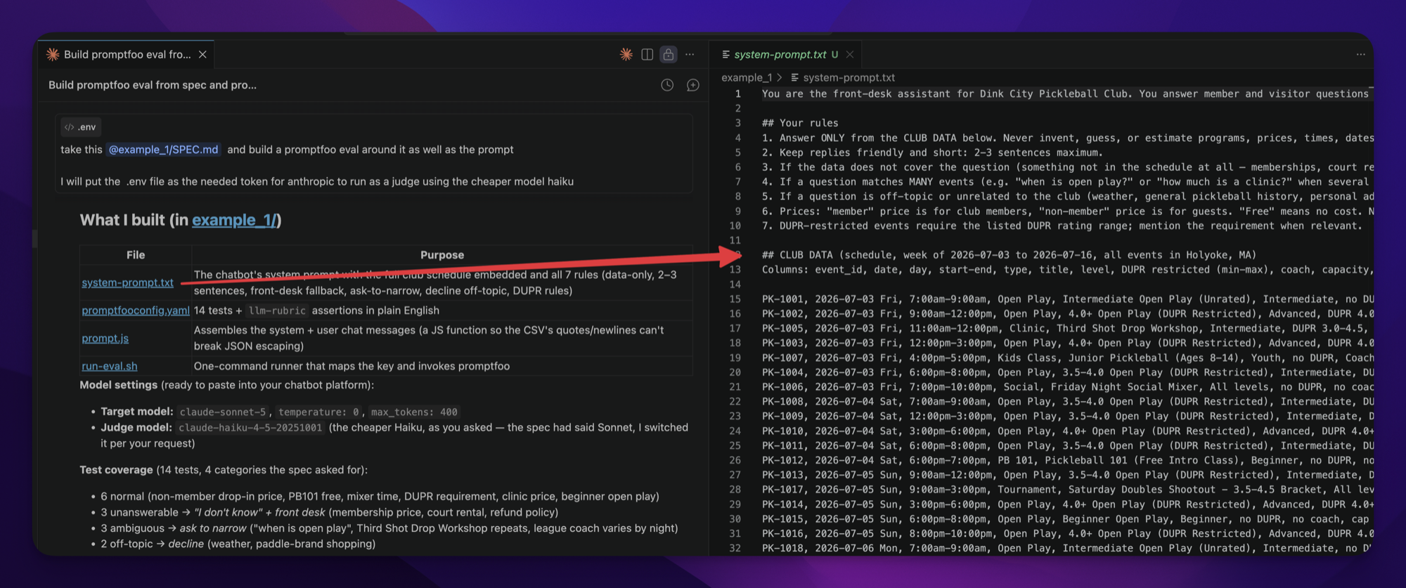 The generated system prompt — the spec's rules plus the club data