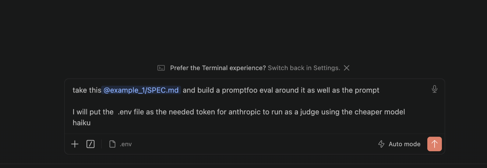 The kickoff prompt in Claude Code — pointing at the spec file