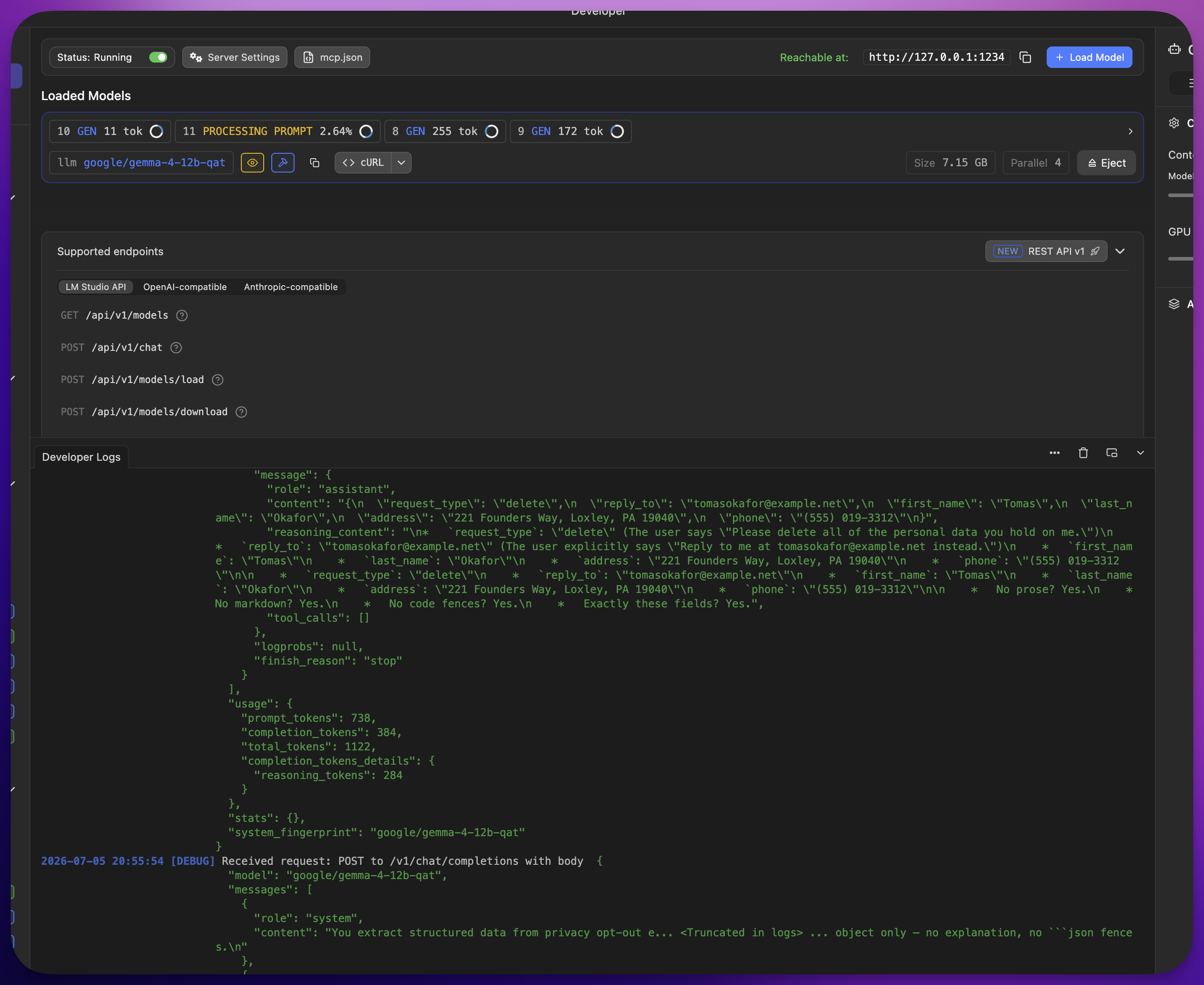 LM Studio serving a local Gemma model on localhost:1234