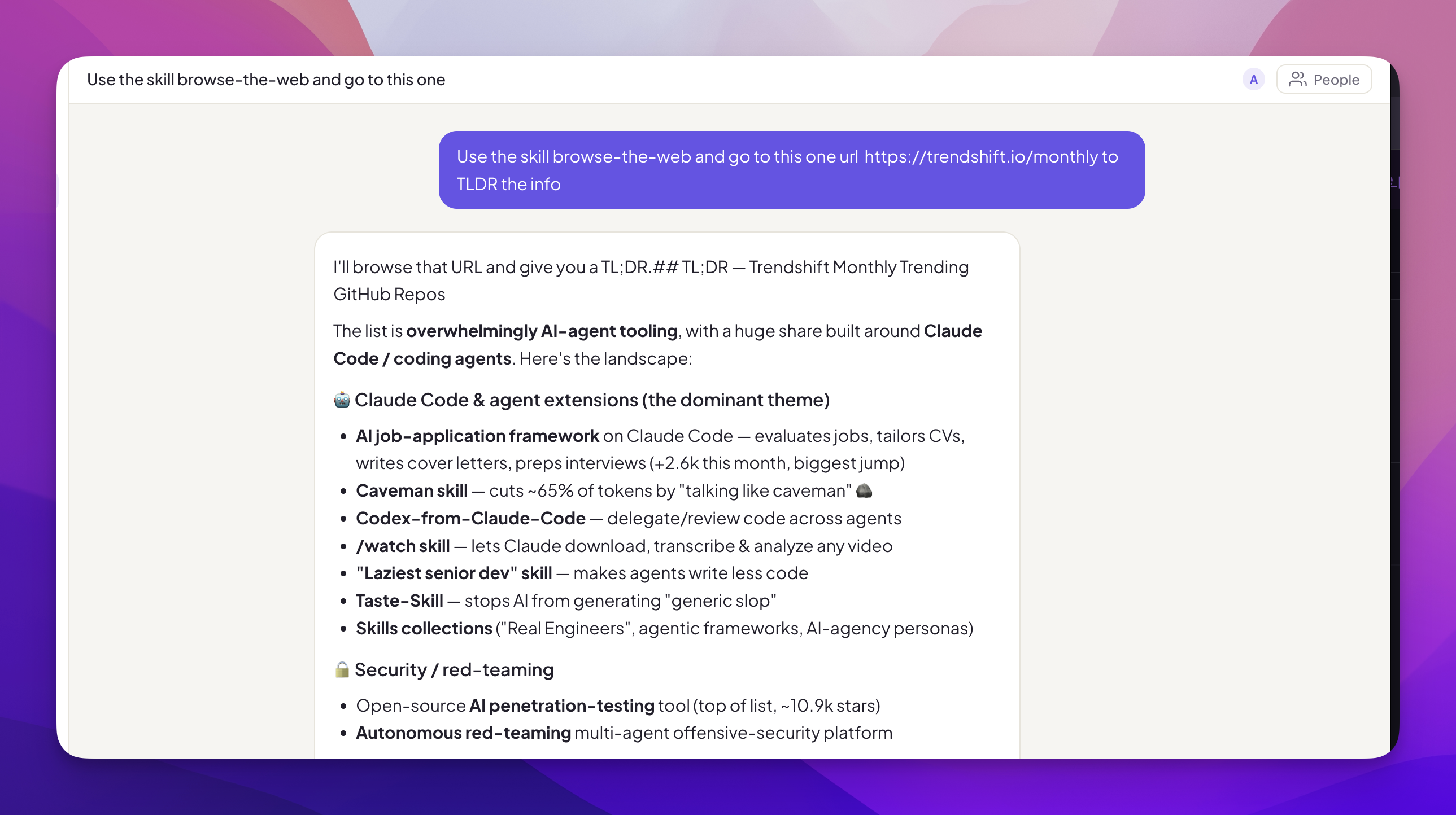 A batch of browser actions sent in one call, with per-step results coming back