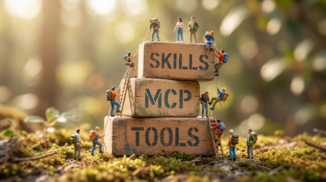 Miniature diorama: tiny figurines climbing three massive stacked blocks labeled Tools, MCP, and Skills