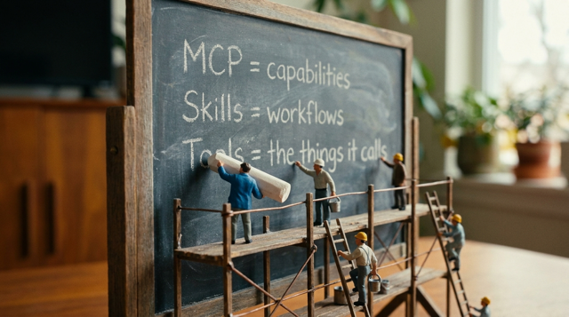 Miniature diorama: tiny figurines on scaffolding writing the mental-model sentence on a giant chalkboard