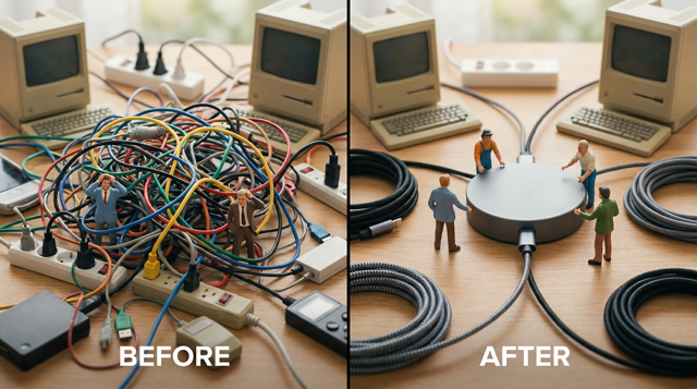 Miniature diorama: tiny figurines untangling a massive nest of cables on the left, one tidy hub connection on the right