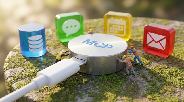 Miniature diorama: tiny figurines pushing a giant USB-C plug into a central MCP hub surrounded by app blocks