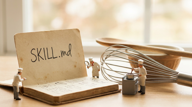 Miniature diorama: tiny figurine chefs reading and cooking from a giant SKILL.md recipe card