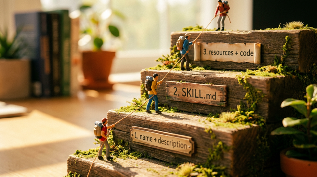Miniature diorama: tiny figurines climbing a giant three-step staircase showing progressive disclosure
