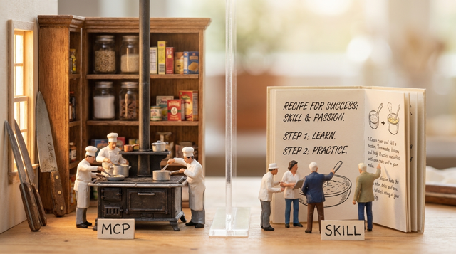 Miniature diorama: split scene, tiny figurines in a giant kitchen (MCP) on one side and reading a recipe (Skill) on the other