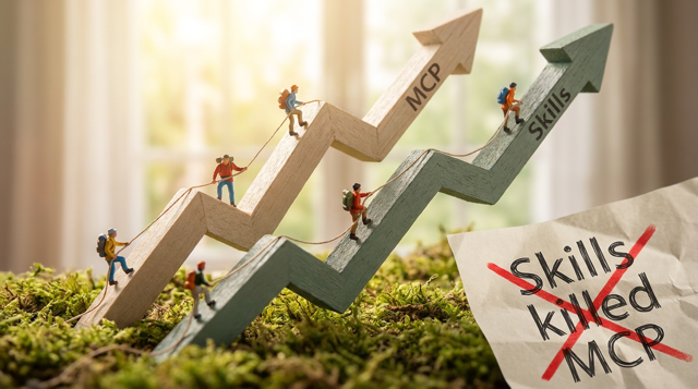 Miniature diorama: tiny figurines climbing two giant rising graph lines (MCP and Skills), with a crossed-out "Skills killed MCP" sign