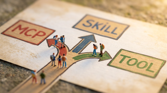 Miniature diorama: tiny figurines walking a giant ground flowchart that branches to MCP, Skill, and Tool