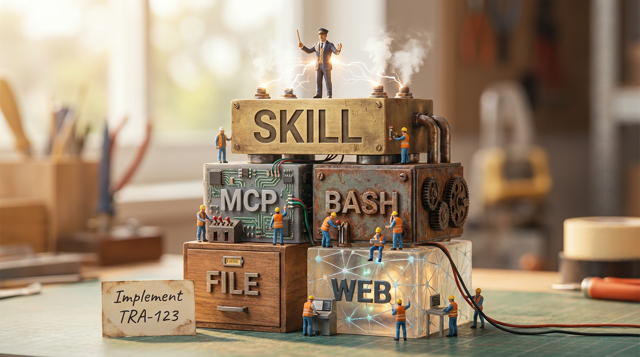 Miniature diorama: a tiny figurine conductor on a giant layered machine, SKILL on top orchestrating MCP, Bash, File, and Web blocks