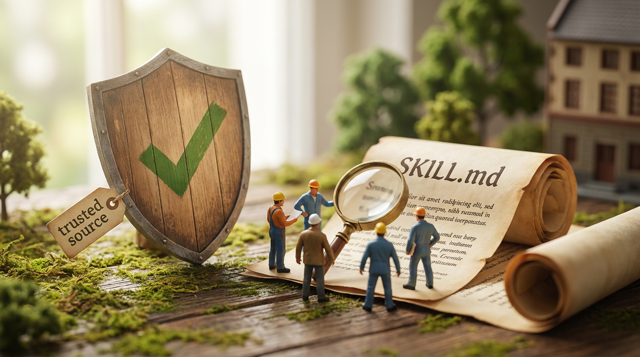 Miniature diorama: tiny figurine inspectors examining a giant SKILL.md with a magnifying glass beside a shield marked "trusted source"