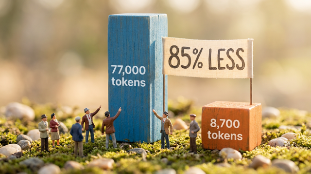 Miniature diorama: tiny figurines beside two giant bars, 77,000 tokens vs 8,700 tokens, with an "85% less" banner