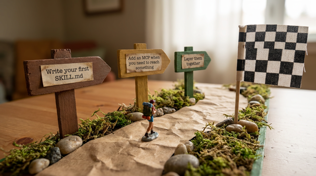 Miniature diorama: a tiny figurine walking a giant winding road past three milestone signposts toward a finish flag